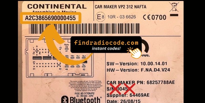 Continental radio label with the 6 digit serial number used for the code