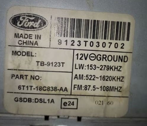 Toppower Ford radio serial number label