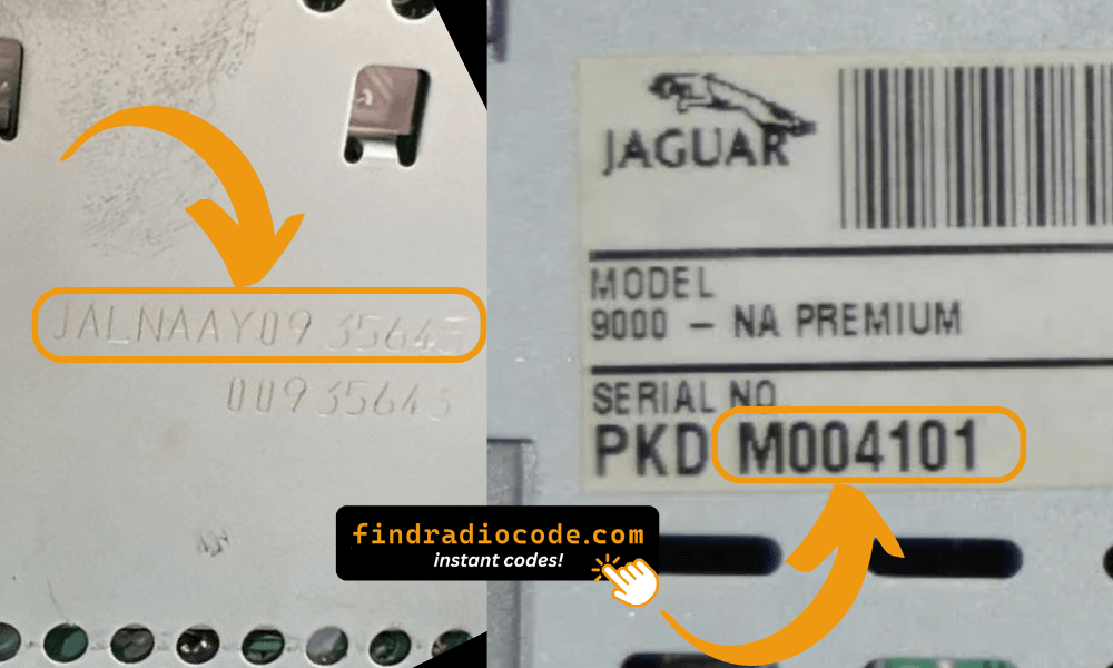 Jaguar radio serial number engraved on the unit or printed on its label