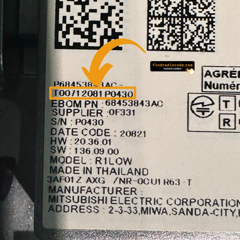 Uconnect R1 platform T0071 R1LOW serial number label