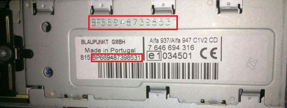 Blaupunkt Fiat radio serial number label with the BP prefix