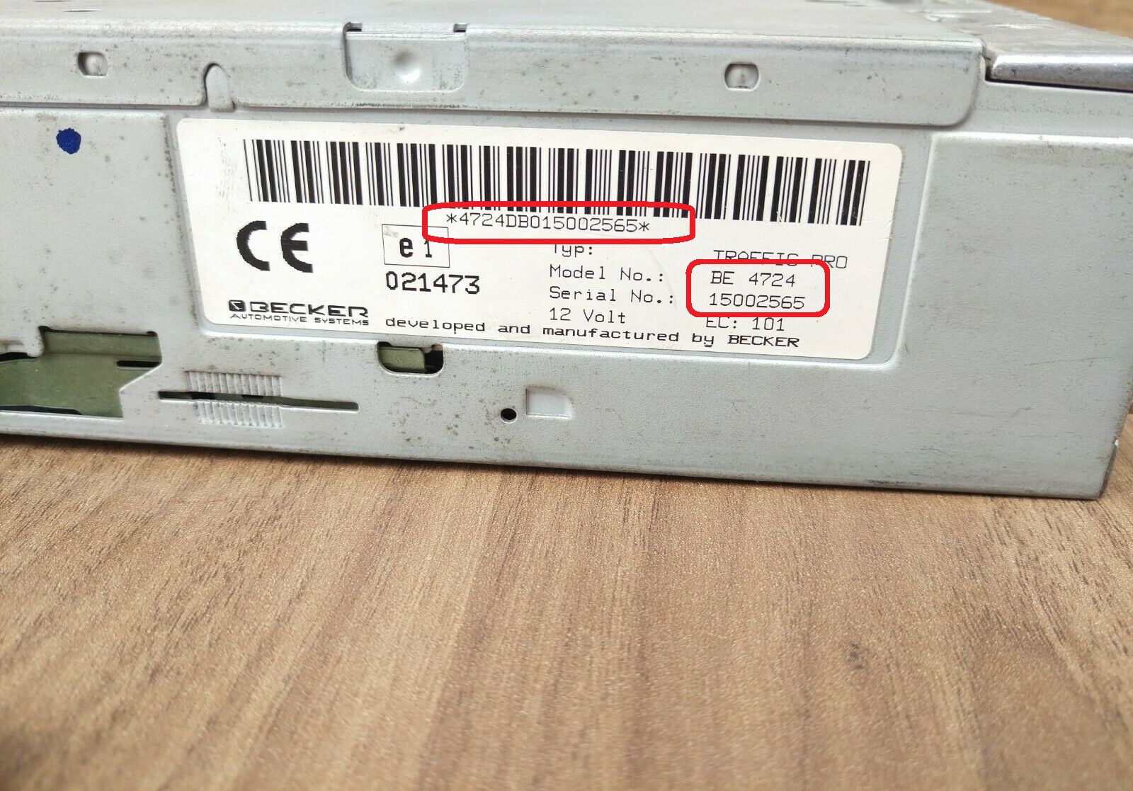 Becker Traffic Pro label with the BE model number and serial number