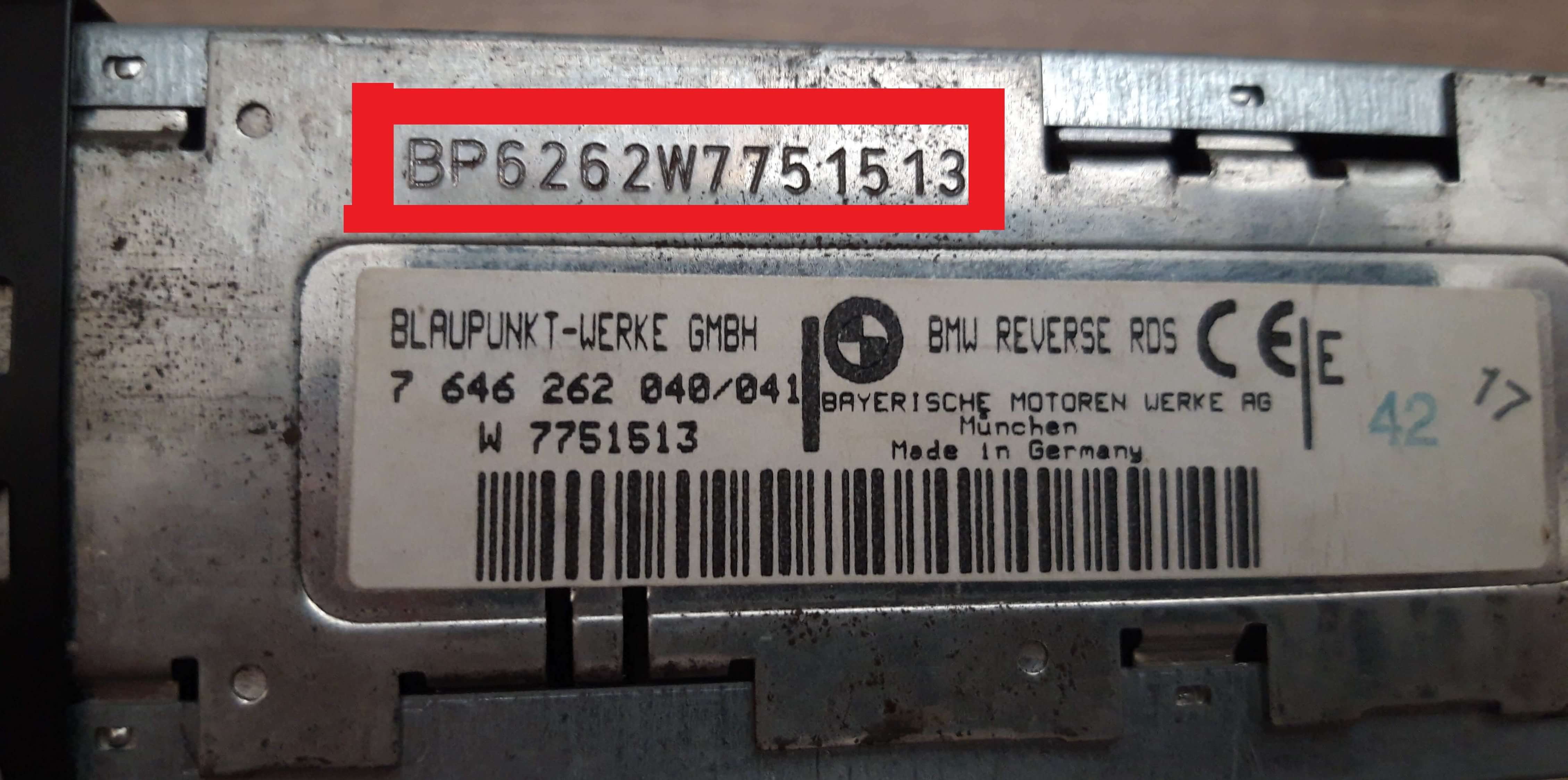 Blaupunkt BMW Reverse RDS serial number label with the BP prefix