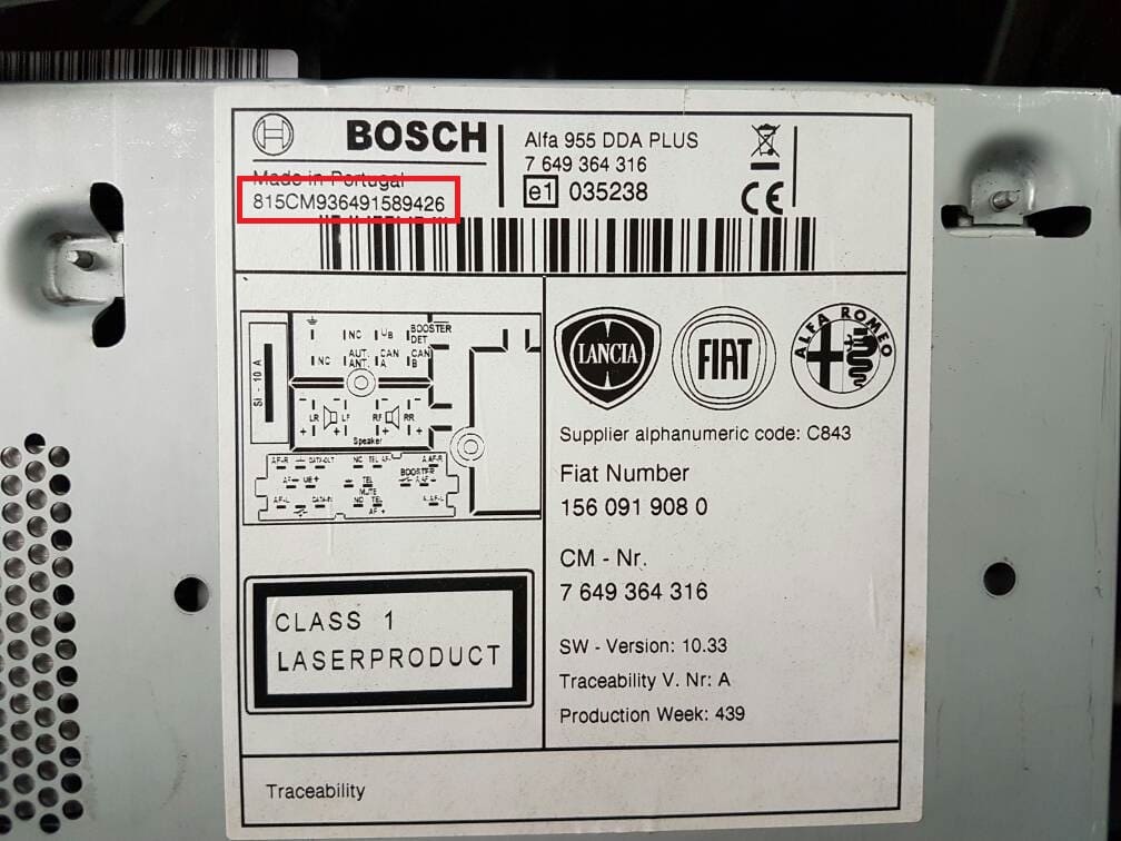 Bosch Fiat radio serial number label with the CM prefix