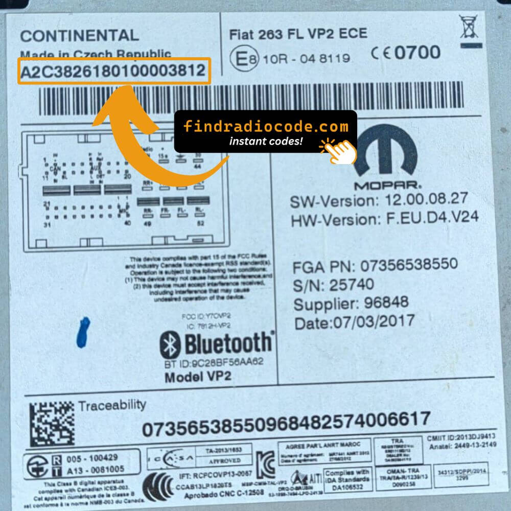 Continental VP2 Fiat radio serial number label