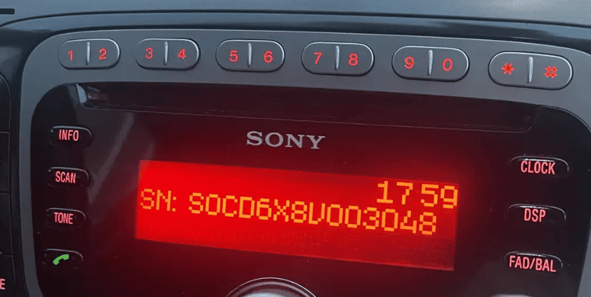 Sony Ford radio showing its serial number on the display