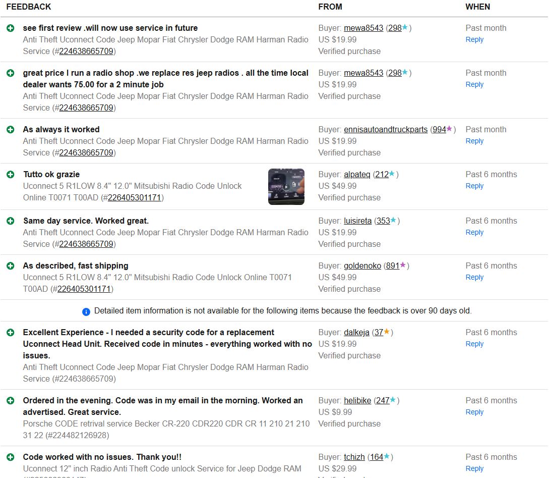 More eBay customer reviews for FindRadioCode radio code service