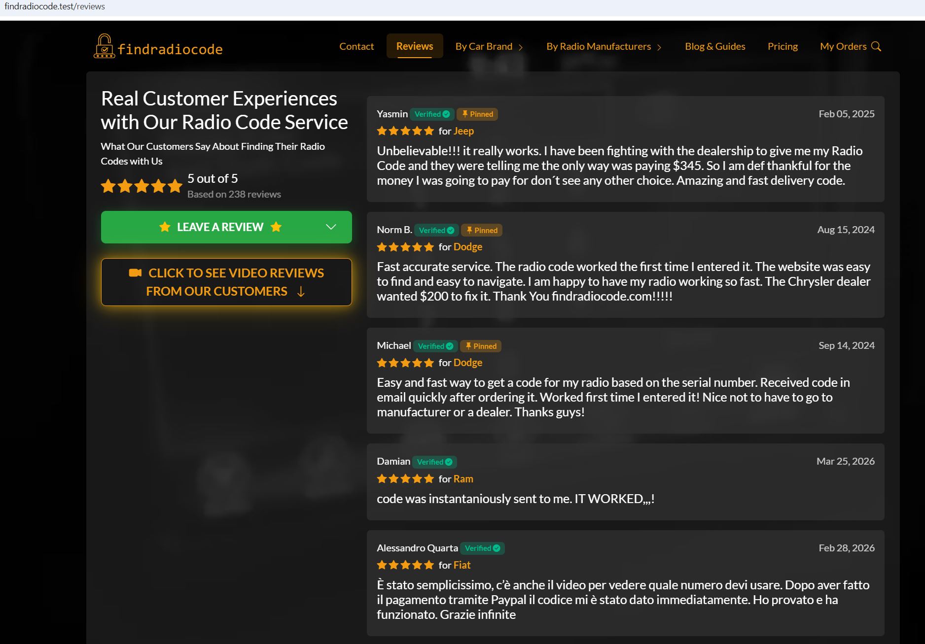 FindRadioCode website customer reviews screenshot – verified buyer feedback