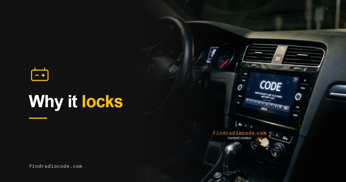 Car radio screen displaying CODE anti-theft lock after a battery change