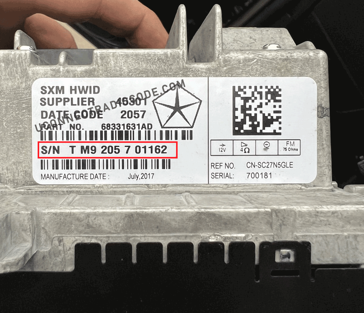 Chrysler Uconnect TM9 radio serial number location on back label