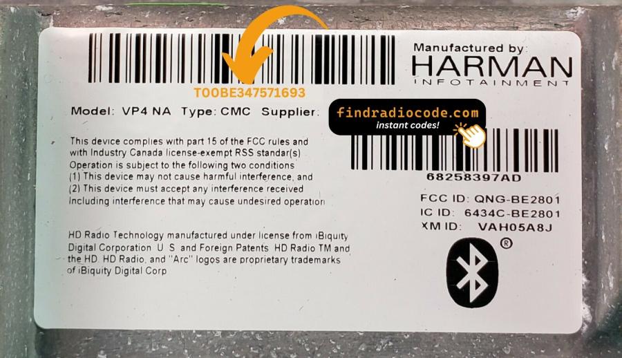 Uconnect radio label with the serial number marked