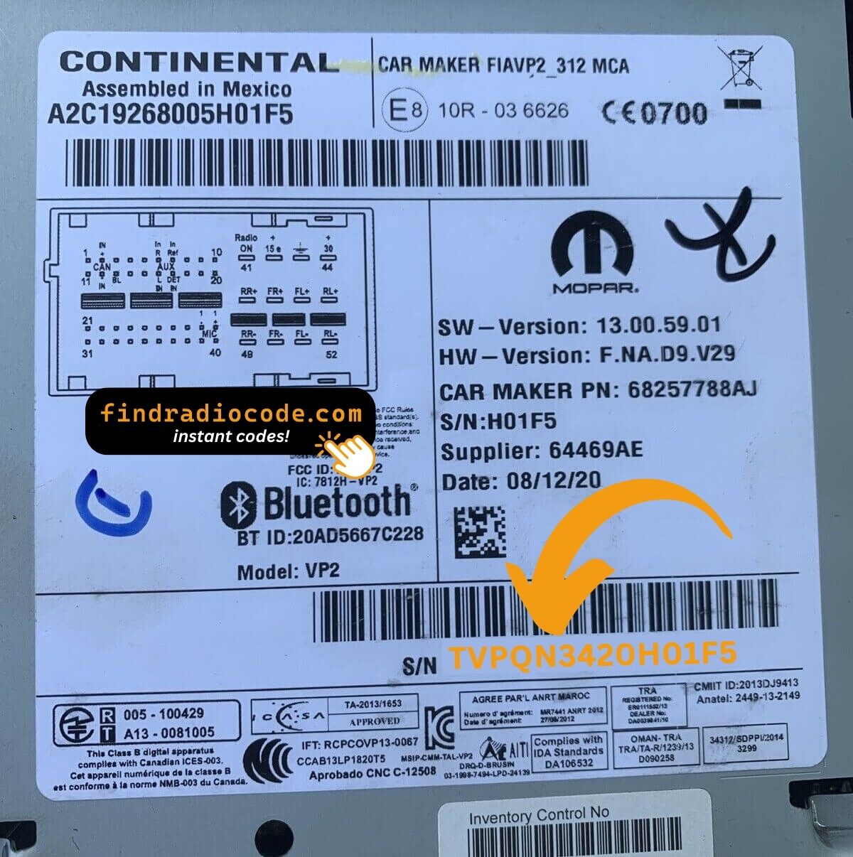 Chrysler CAR MAKER VP2 312 NAFTA COMPASS Radio Code