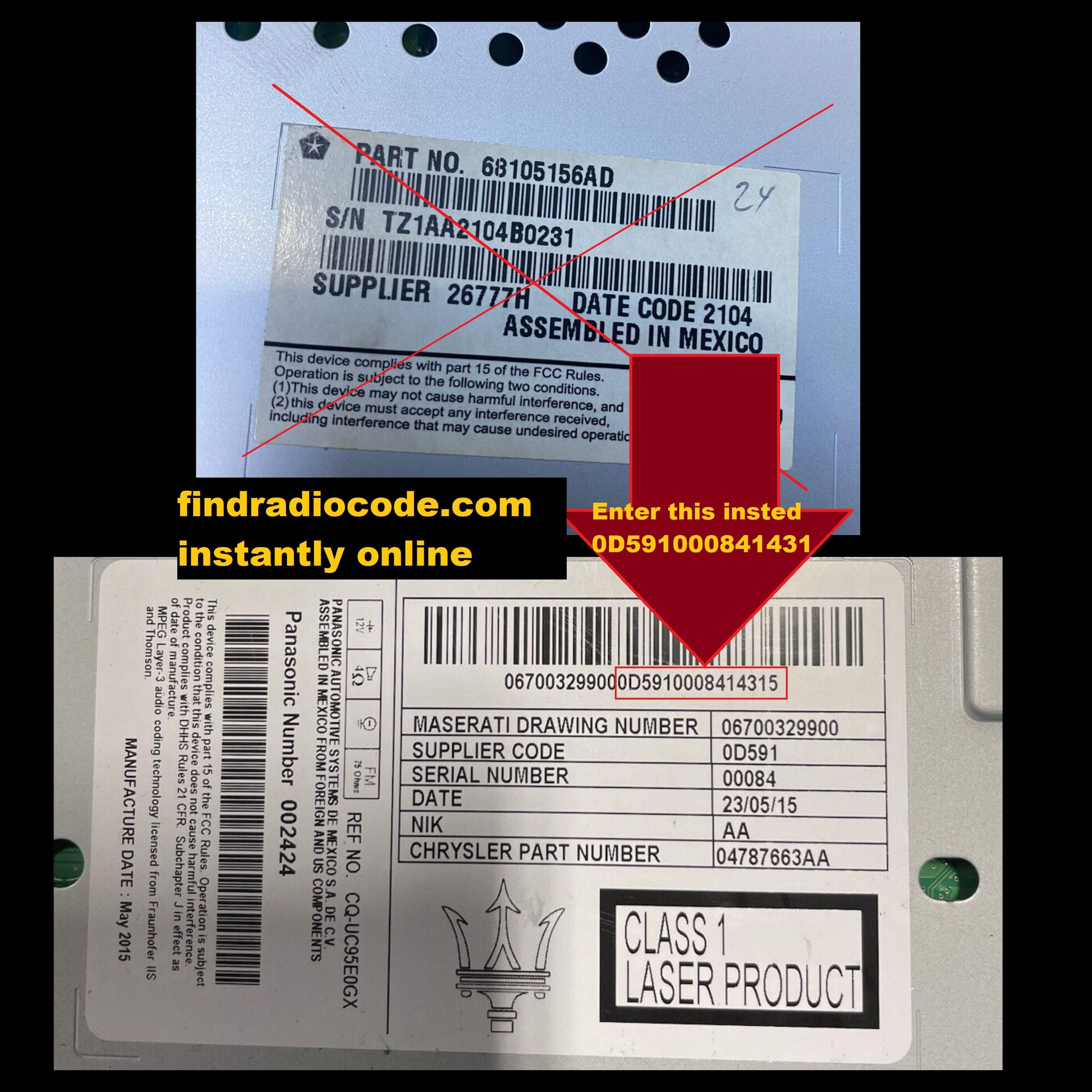 Maserati Panasonic 8.4 radio label showing which serial number to enter for the radio code