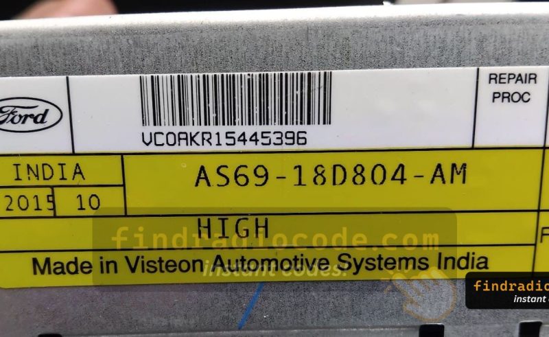 Ford Visteon Figo radio label with a VC0 serial number