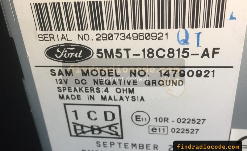 Ford Sanyo radio label with a 12-digit serial number