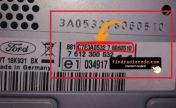 Ford Travelpilot radio label with the serial number highlighted