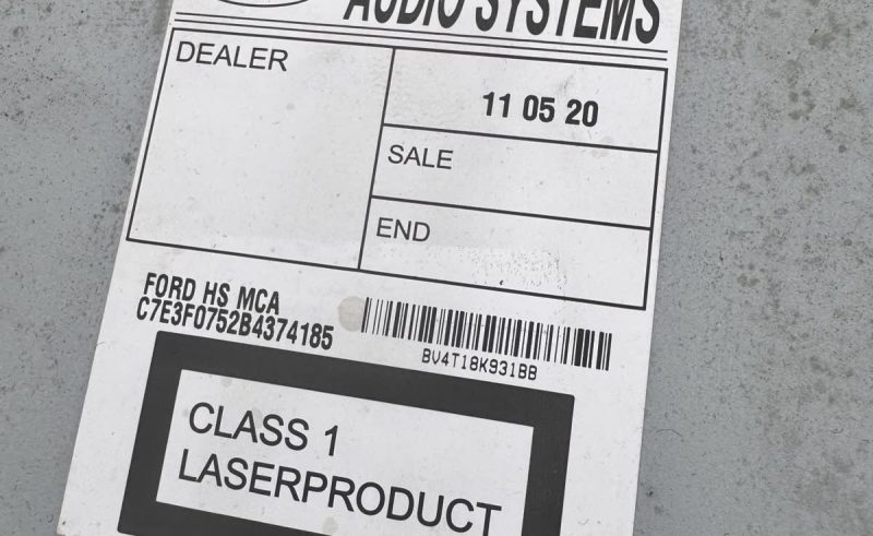 Ford HS MCA radio chassis label with the serial number