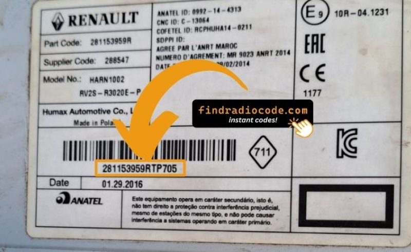 Renault radio label with a 2811 serial number highlighted
