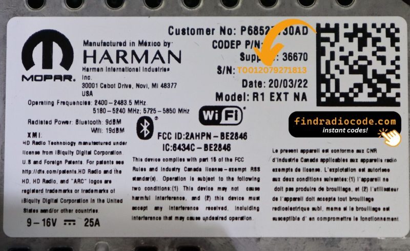 Harman R1 EXT radio label with the T0012 serial number after S/N