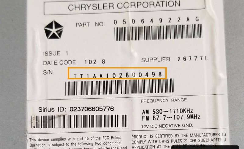 Chrysler MyGIG REQ radio label with the TT1AA serial number marked