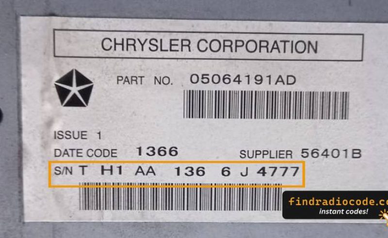 Chrysler RBQ-EU radio label with the TH1AA serial number marked