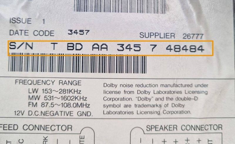 Chrysler RBL Alpine radio label with the TBDAA serial number marked