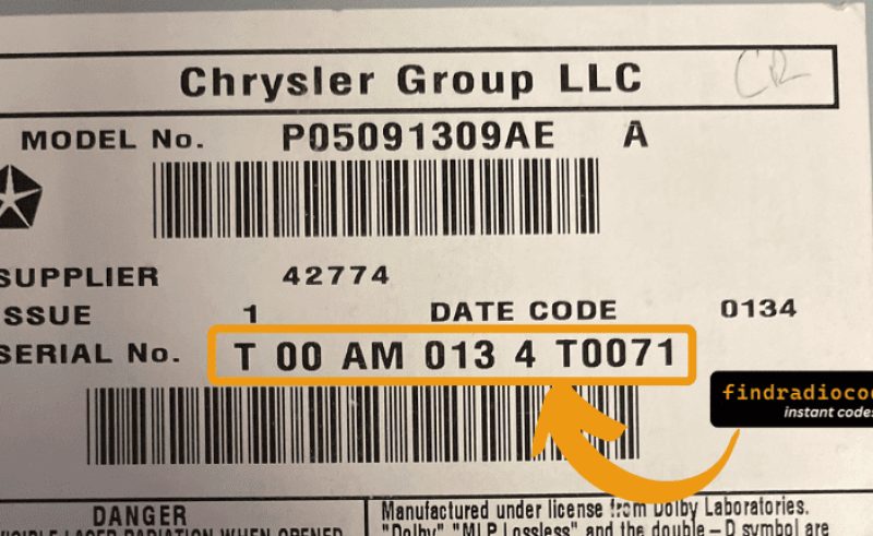 Chrysler Group radio label with the T00AM serial number highlighted