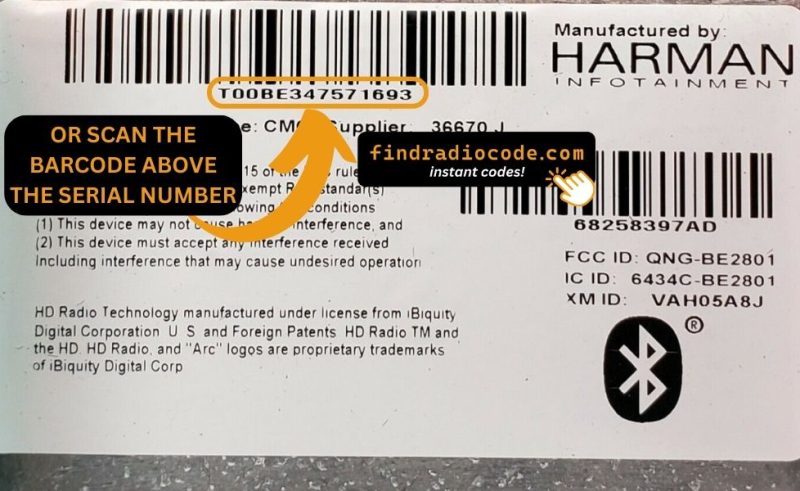 Harman Infotainment radio label with the T00BE serial number highlighted