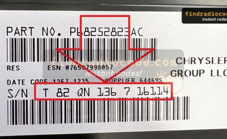 Chrysler radio label with a T82QN serial number highlighted