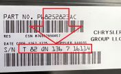Chrysler radio label with a T82QN serial number highlighted
