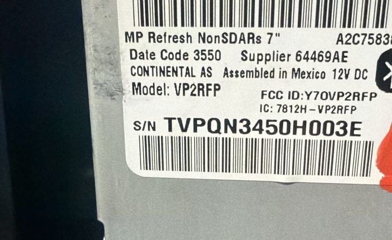 Jeep Uconnect 4 VP2RFP radio label with the TVPQN serial number