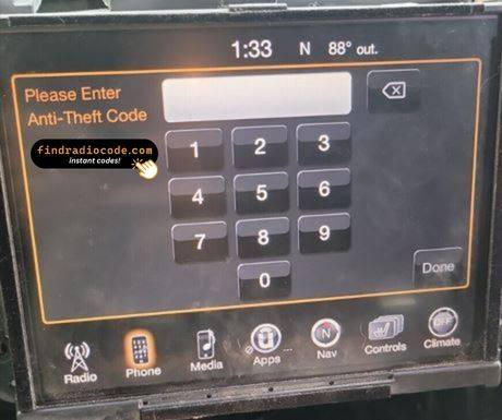 Uconnect 8.4 RA3 screen asking for the anti-theft code