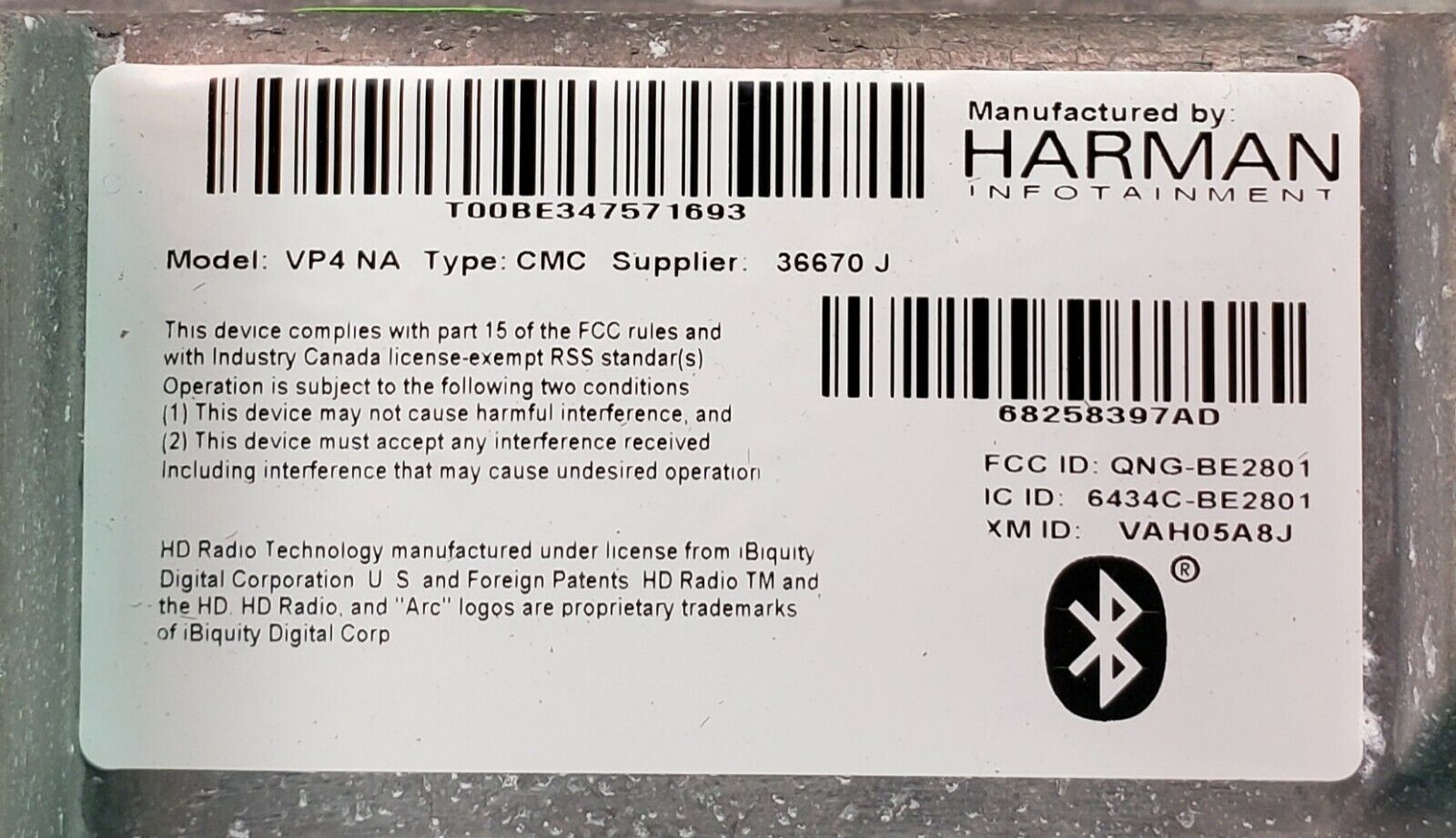 Label on the of the Uconnect radio with serial number